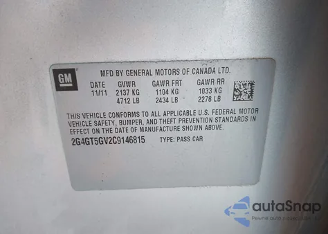 2012 Buick Regal Turbo - Premium 2 z USA, uszkodzony, nr VIN 2G4GT5GV2C9146815